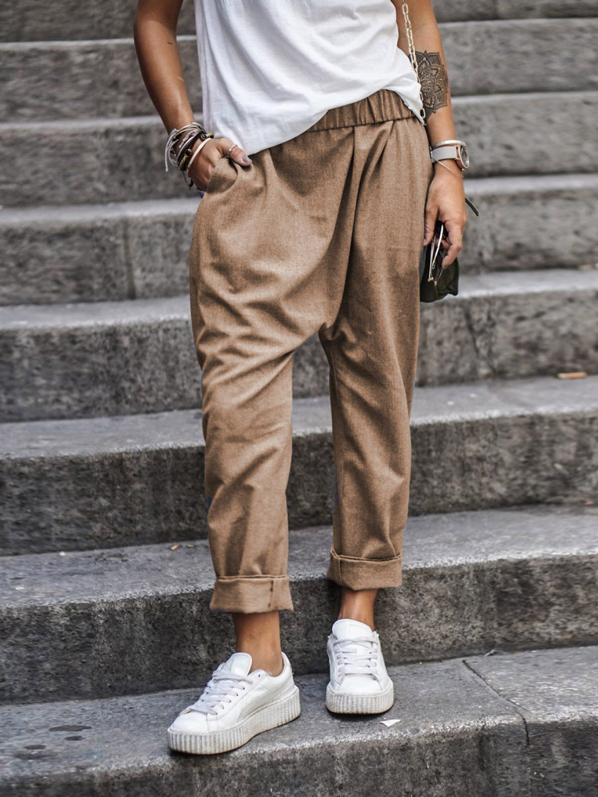 Women's Solid Color Casual Elastic High Waist Harem Trousers
