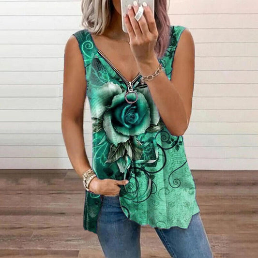 Women's V-Neck Zip Rose Print Casual Tank