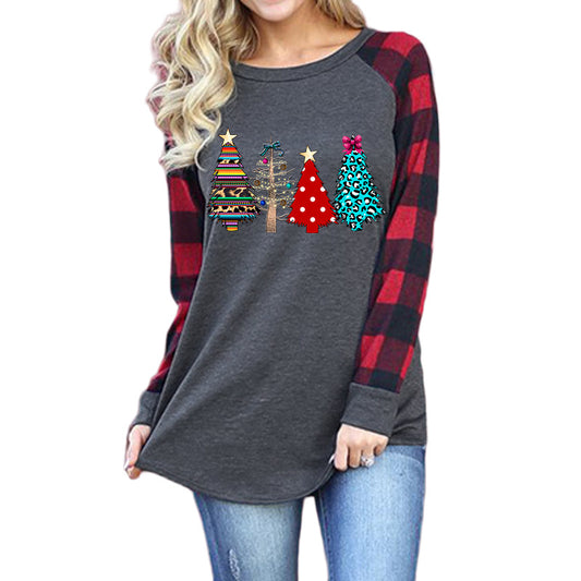 Christmas Tree Print Round Neck Long Sleeve T-shirt Women