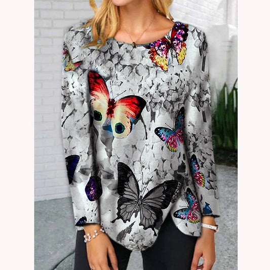 Woman Butterfly Hem Button Irregular Long-sleeved T-shirt