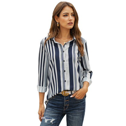 Women's T-shirt Stripe Design Lapel Single Breasted Long Sleeve Blouse