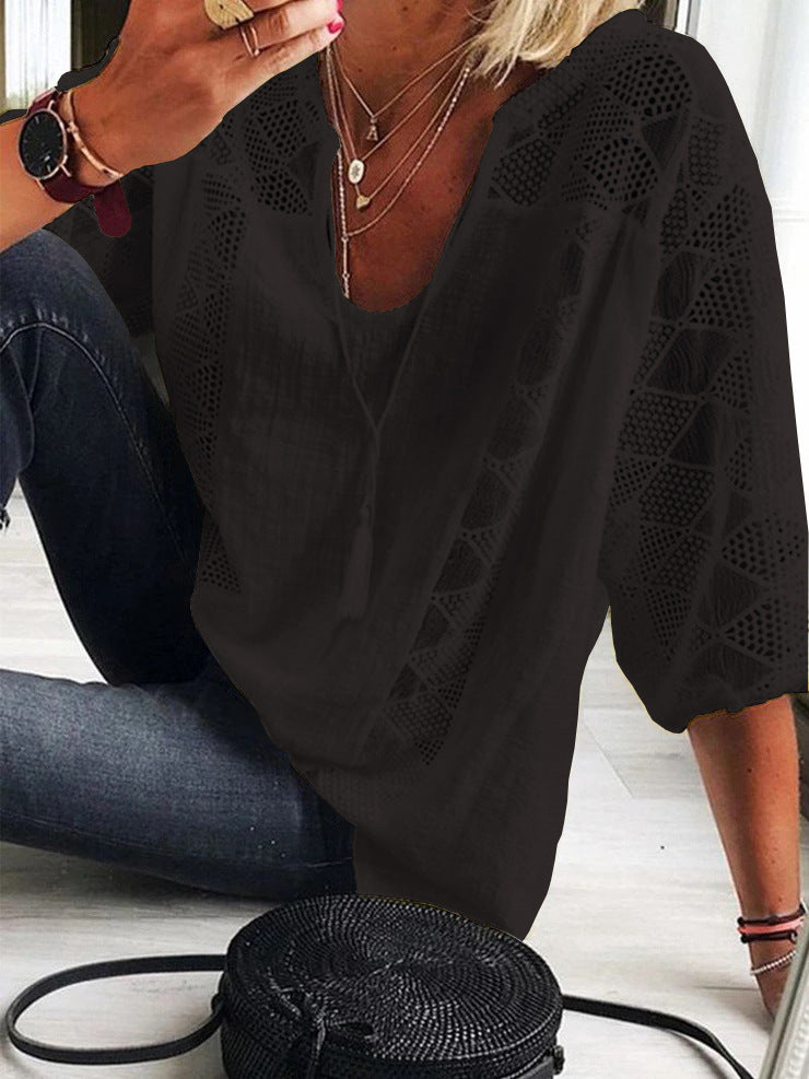 Women's Lace Stitching U-neck Three-quarter Sleeve Top