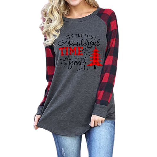 Woman Christmas Tree Print Round Neck Plaid Long Sleeve T-shirt