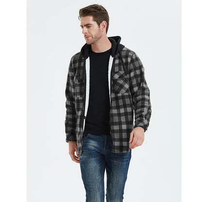 Hooded Plaid Flannel Shirt Jacket Sherpa Lined Jacket For Men