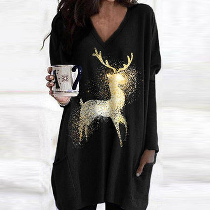 V-neck Women's Reindeer Print Long T-shirt