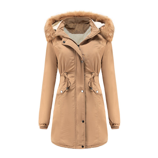 Women's Cotton Padded Detachable Hat Large Fur Collar Coat