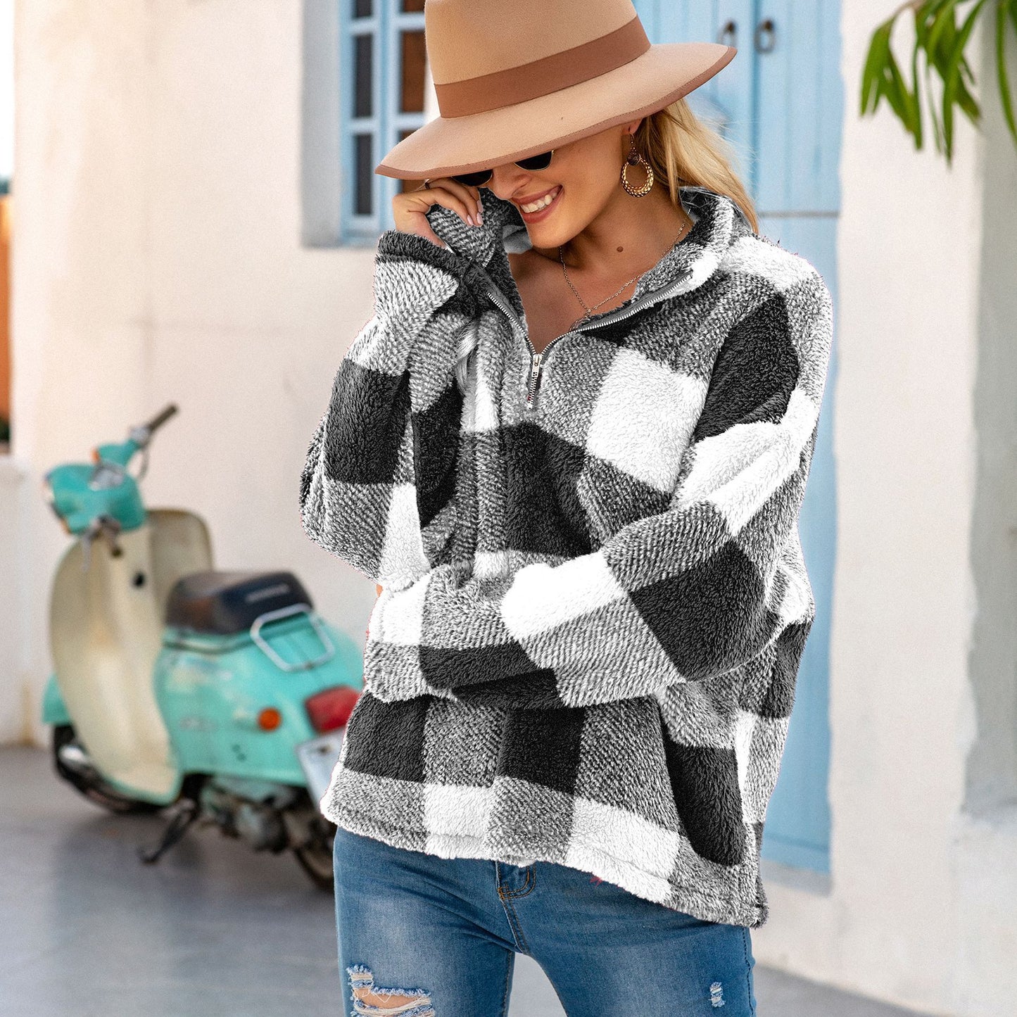 Plaid Long-sleeved High-neck Plush Blouse For Women