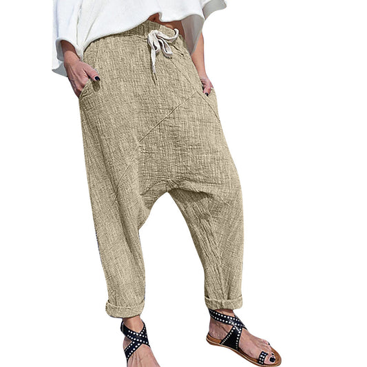 Women's Lace-up Cotton And Linen Wide-leg Elastic Trousers