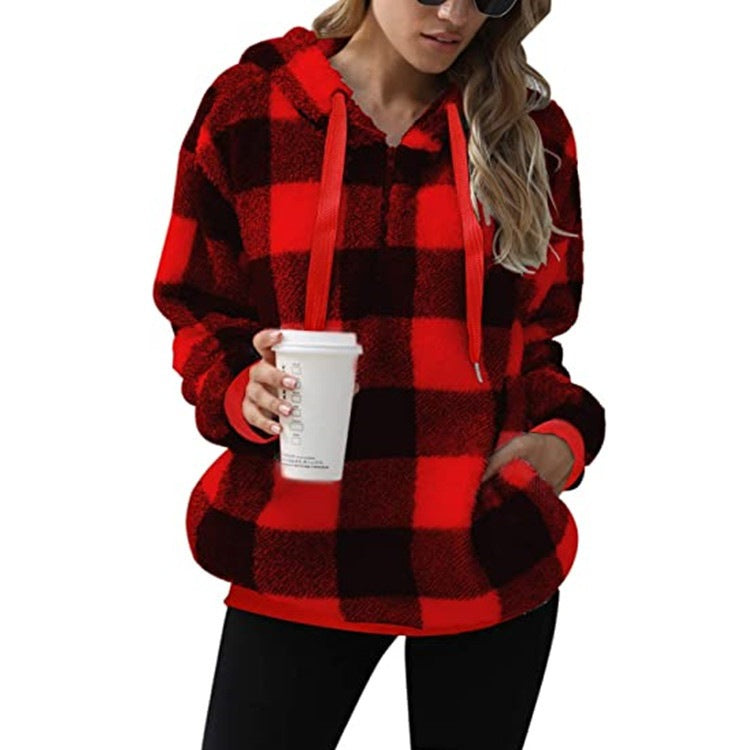 Plush Check Hoodie For Women