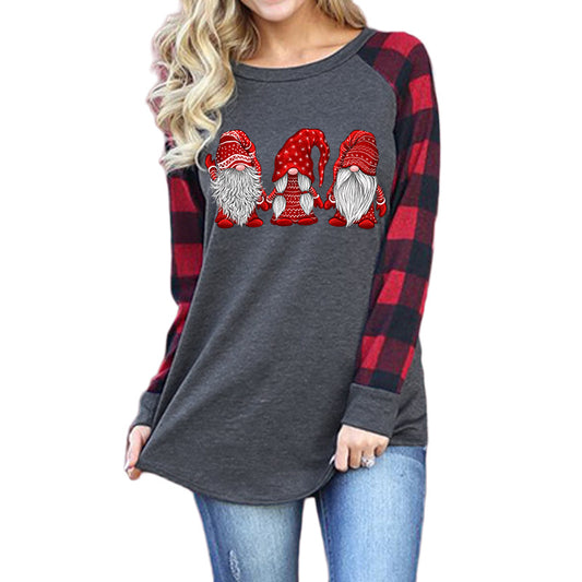 Woman Santa Print Round Neck Plaid Long Sleeve T-shirt