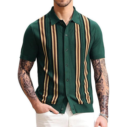 Men's Green Striped Casual Polo Shirt