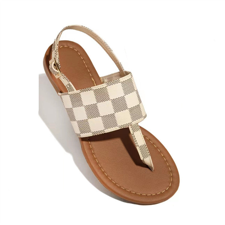 Women's Plaid Leather Flat Casual Sandals