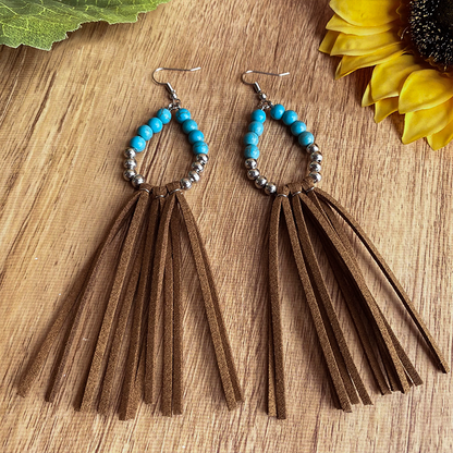 Woman Tassel Western Cowboy Style Turquoise Bead Earrings