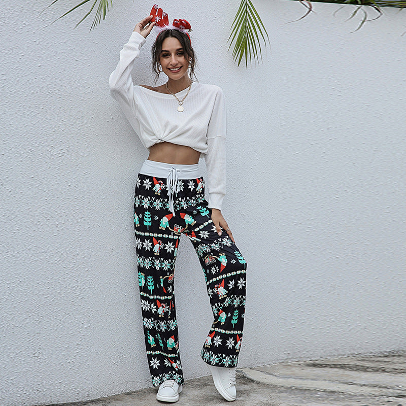 Women's Loose Lace-up Christmas Print Pants