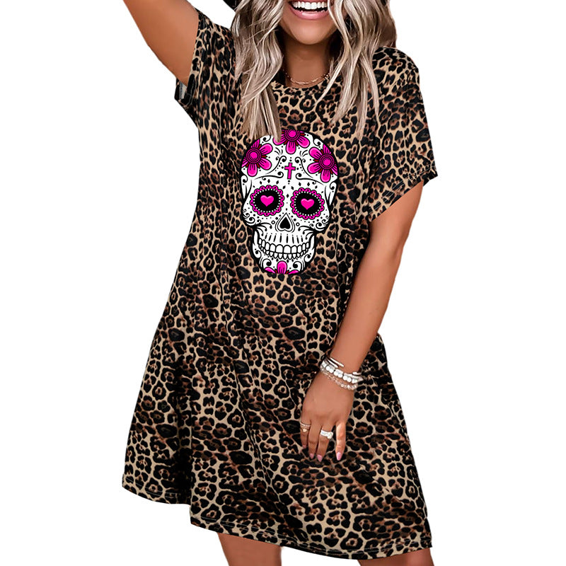 Woman Collar Leopard Skull Print Dress