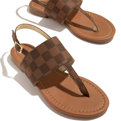 Women's Plaid Leather Flat Casual Sandals