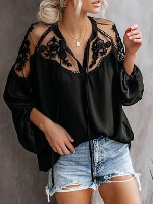 Women's V Neck Lace Shirt Shirt