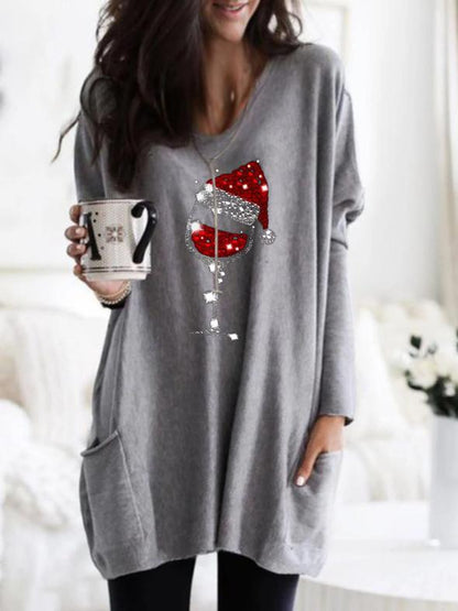 Women's Christmas Wine Glass Print Long T-shirt