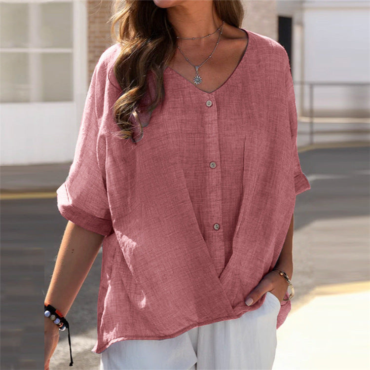 Women's V-Neck Pullover Short Sleeve Loose Blouses