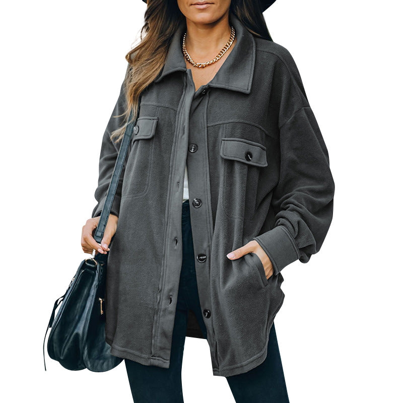 Woman Suede Textured Shirt Cardigan Jacket