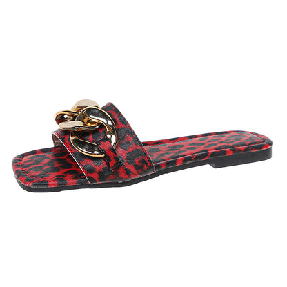 Women's Metal Chain Square Toe Flat Sandals