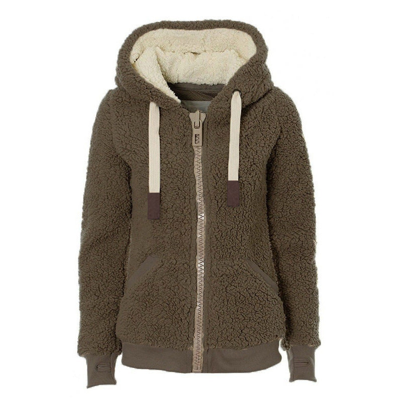 Woman Plush Hooded Sweatshirt Jacket