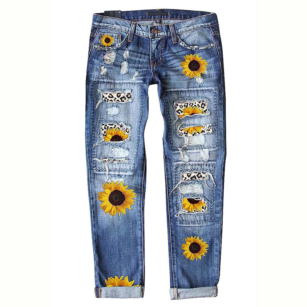 Women's Sunflower Print Denim Ripped Pants