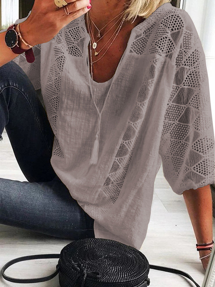 Women's Lace Stitching U-neck Three-quarter Sleeve Top