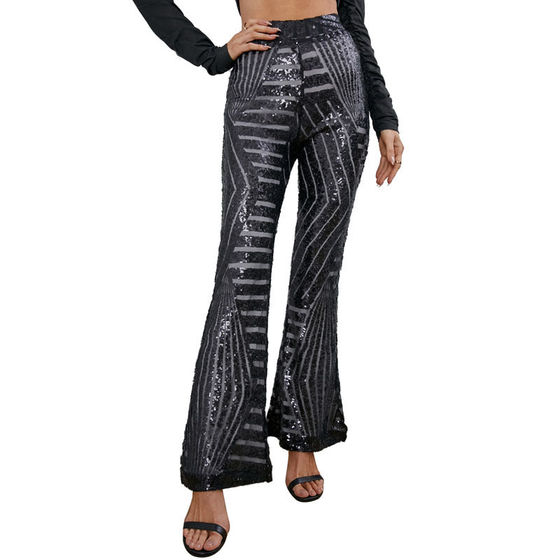 Women's Sequin Flared Pants Glitter High Waist Wide Leg Pants