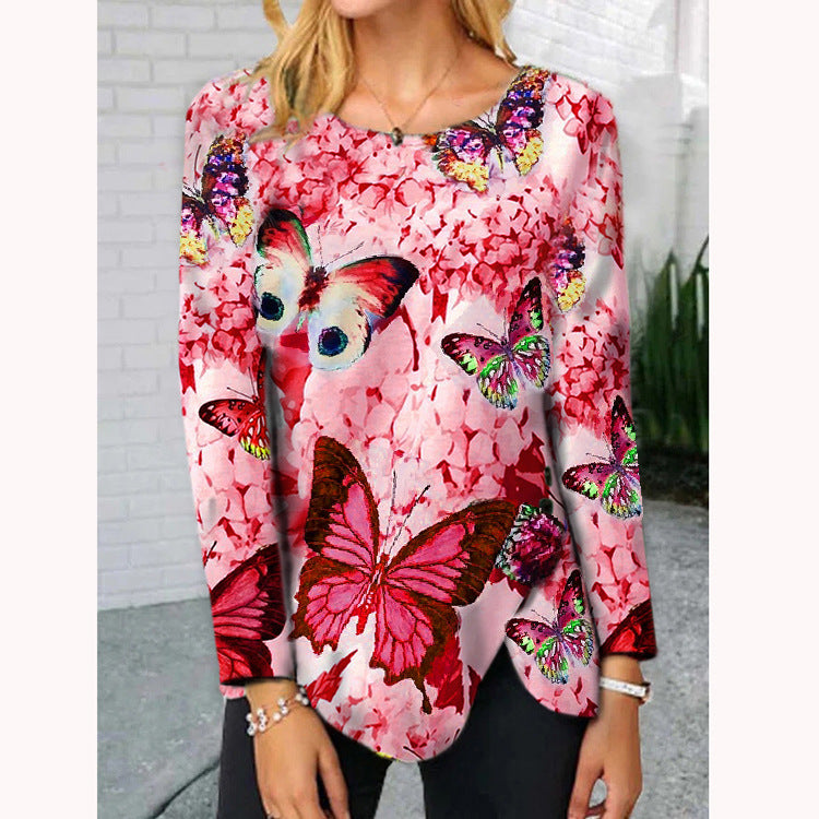 Woman Butterfly Hem Button Irregular Long-sleeved T-shirt