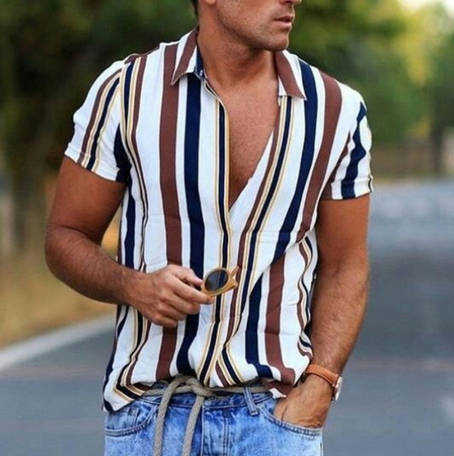 Men's Fashion Silk Fabric Striped Slim Fit Shirt