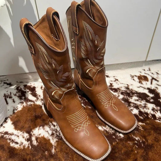 Women's Leather Western Cowboy Embroidered Boots