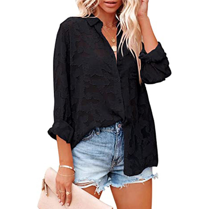 women's Hollow Chiffon Jacquard Long Sleeve Blouses