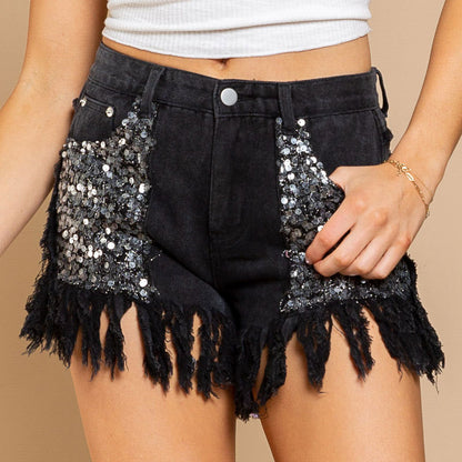 Women's Denim Sequined Fringed Shorts