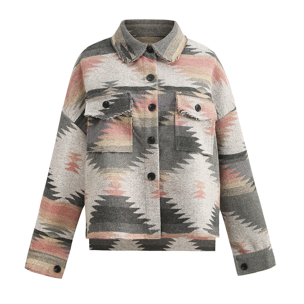 Aztec Geometric Slit Button Pocket Coat