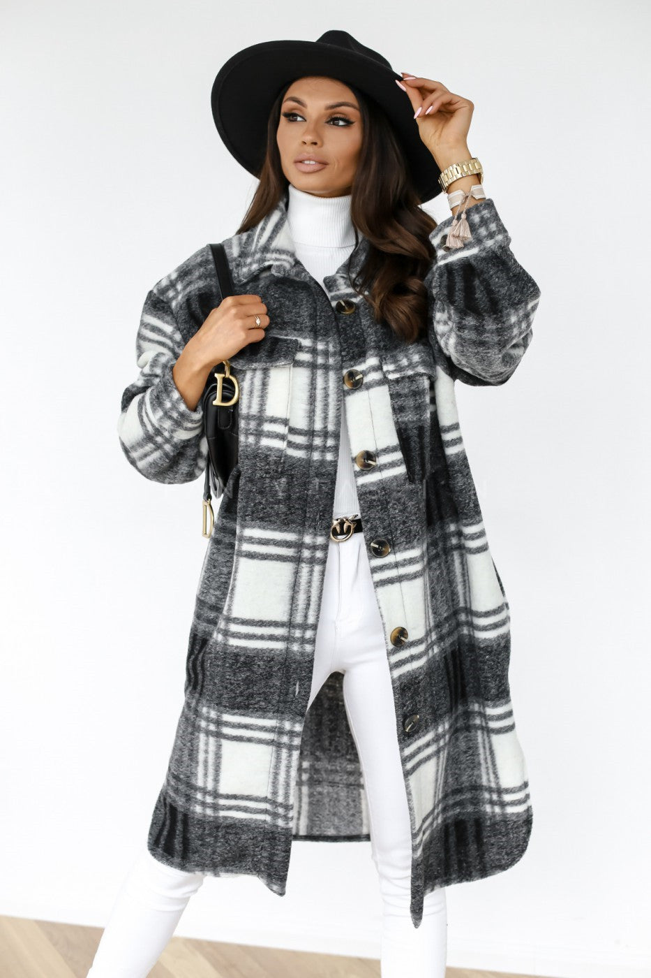 Women's Warm Plaid Long Woolen Coat