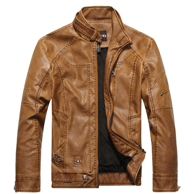 Men's Stand Up Collar Plus Velvet Leather Jacket