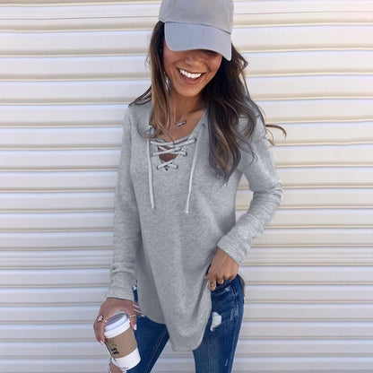 Women's Solid Color V-neck Strapped Loose Top T-shirt