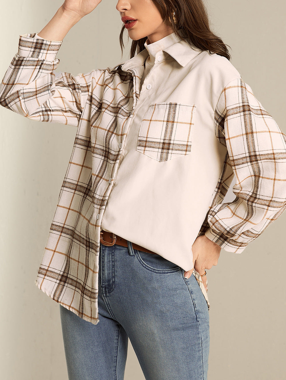 Colorblock Cardigan Plaid Women's Shirt Jacket