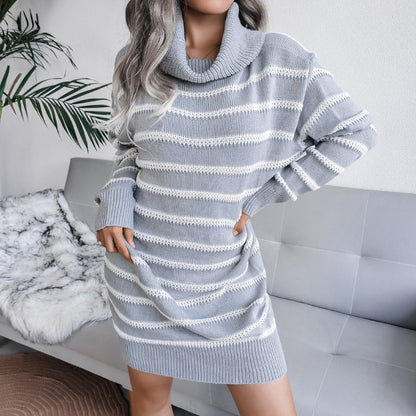 High Neck Striped Knitted Sweater Dress