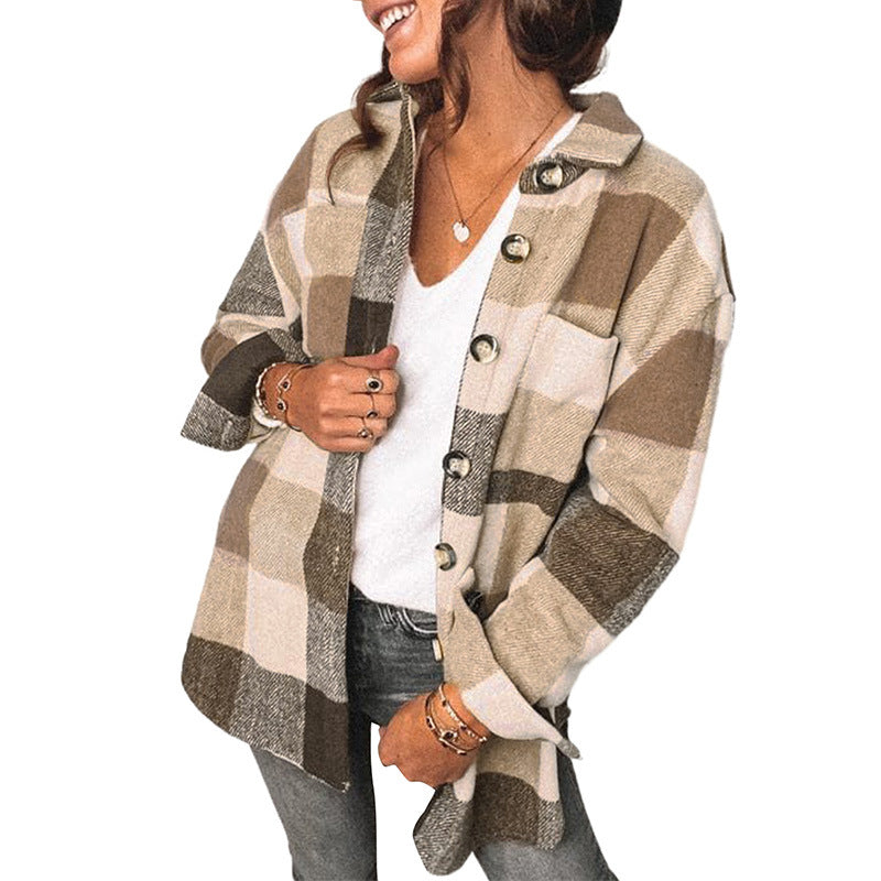 Casual Plaid Flannel Shirt Jacket For Women