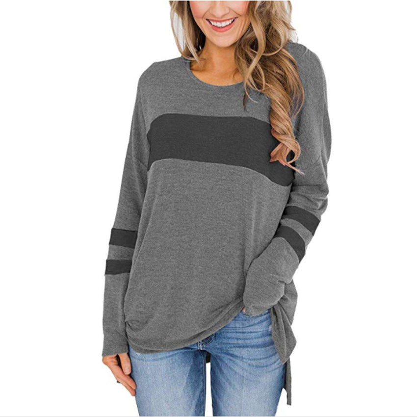 Women's Color Matching Long-sleeved Round Neck T-shirt