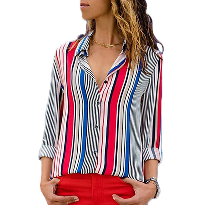 Women's T-shirt Stripe Design Lapel Single Breasted Long Sleeve Blouse