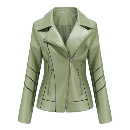 Slim Fit Stand Collar Leather Jacket For Women