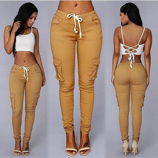 Women's Multi-pocket Drawstring Lace Ladies Casual Pants