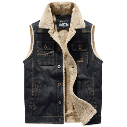 Men's Casual Fleece Denim Vest Jacket