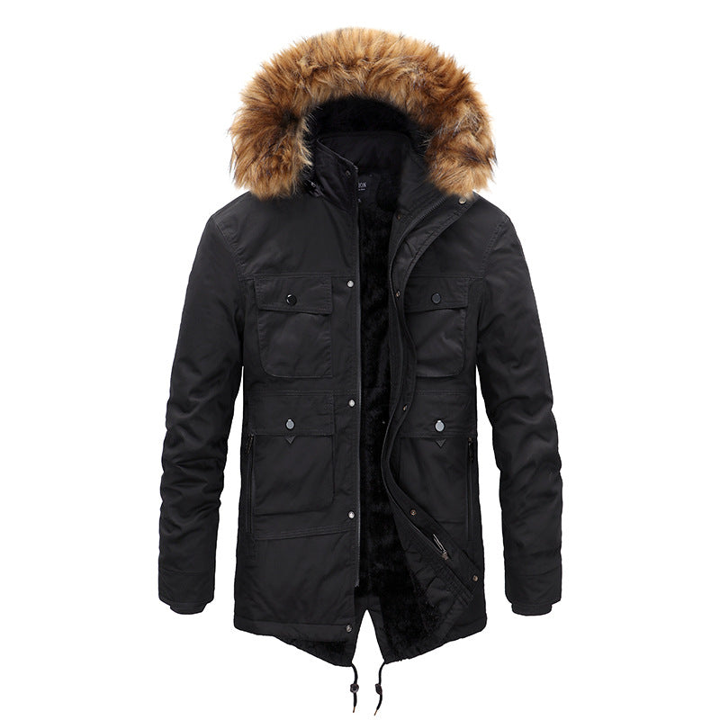 Men's Hooded Fur Collar Winter Thickened Jacket