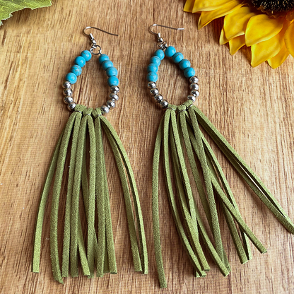 Woman Tassel Western Cowboy Style Turquoise Bead Earrings