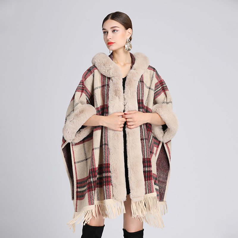 Hooded Shawl Coat With Fur Collar Plaid Coat