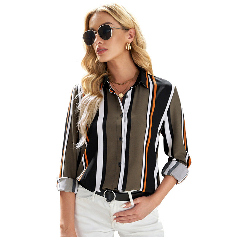 Women's T-shirt Stripe Design Lapel Single Breasted Long Sleeve Blouse